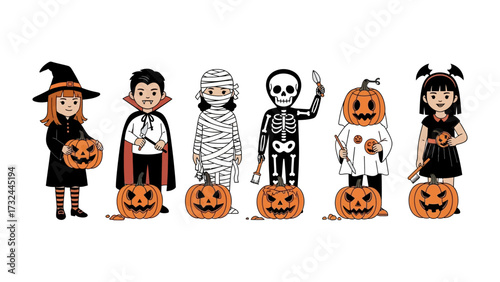 Spooky Halloween Costume: A delightful group of costumed children, each showcasing a unique and playful Halloween character. From the classic witch to the friendly skeleton.