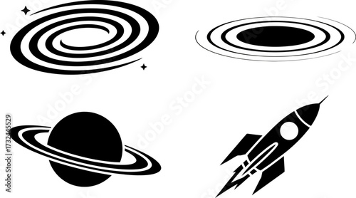 Cosmic journey with planets, galaxies, and a rocket ship