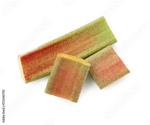 Cuadro en lienzo Pieces of fresh rhubarb stalk isolated on white, top view