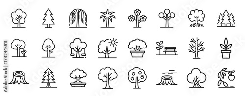 Tree icon set. Line icons of forest, park, potted plant, bonsai, stump, and garden elements. Editable stroke. Vector illustration.