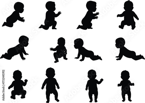 Baby silhouette vector set showing crawling, standing, walking, and sitting poses of infants, cute toddler child illustration design collection.