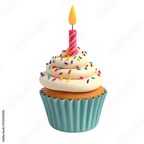 3d Vanilla birthday cupcake with colorful sprinkle and a candle isolated on transparent background