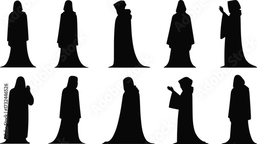 Mystical robed figure silhouettes, medieval cloaked characters, theatrical poses, fantasy costume design, mysterious monks, dark hooded shapes, historical drama art