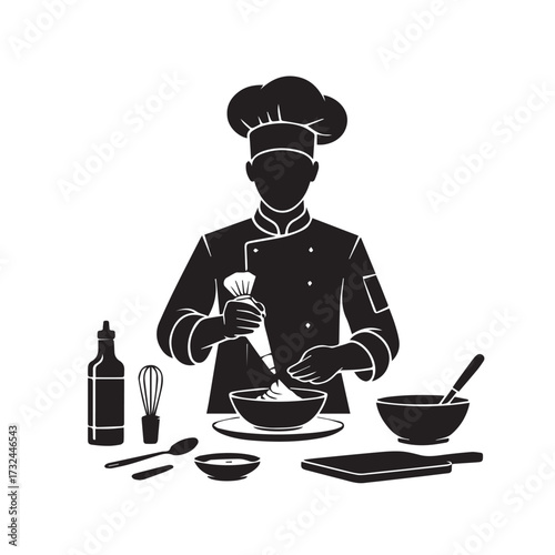 Vector art of chef decorating a cake with a piping bag in a professional kitchen