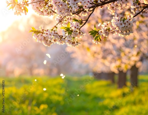 Blossoming cherry trees in golden sunlight