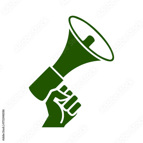 Raised fist holding a megaphone symbol, representing protest, announcement, and social change advocacy