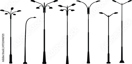 Streetlight pole silhouette set, multi-arm lighting designs, urban infrastructure vector icons, black graphic collection, roadway illumination elements