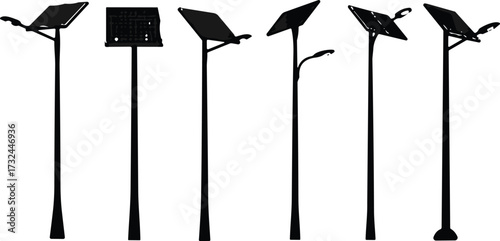 Streetlight pole silhouette set, solar panel and signage designs, urban infrastructure vector, black icon collection, modern lighting structures