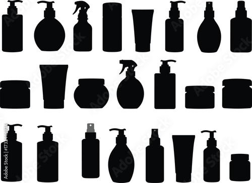 Black silhouette collection of cosmetic bottles, pump dispensers, spray containers, cream jars, and tube packaging design vector illustration set