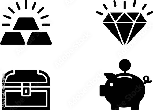Collection of icons representing wealth and savings: gold bars, diamond, treasure chest, and piggy bank.