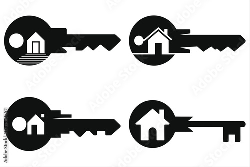 House Key Icons Set with Integrated Home Silhouettes - Black Vector Illustrations for Real Estate, Property Access, Security, Locksmith Services, Home Ownership, Rental, Mortgage, Door Lock, Keychain 