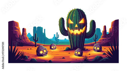 Halloween Cactus in Desert: An eerie Halloween scene featuring a towering cactus carved with a menacing jack-o'-lantern face, set in a stylized desert landscape with glowing skull-shaped rocks.