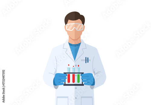 Scientist in lab coat holds test tubes with colorful liquids for medical research development or biotechnology industry
