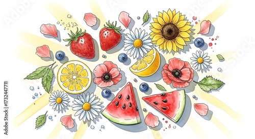 Fresh Watermelon Strawberry Lemon Flower Fruit Arrangement Artistic Watercolor
