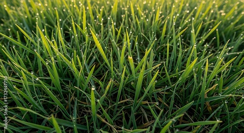 Fresh Green Grass with Dew Drops in Natural Setting