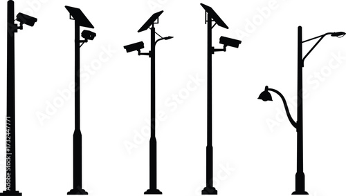 Urban street pole silhouettes with surveillance cameras, solar panels, smart city technology, renewable energy, public safety, infrastructure, sustainable lighting system