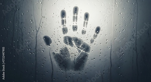 Frosted Glass Handprint on Rainy Window in Dark Atmosphere