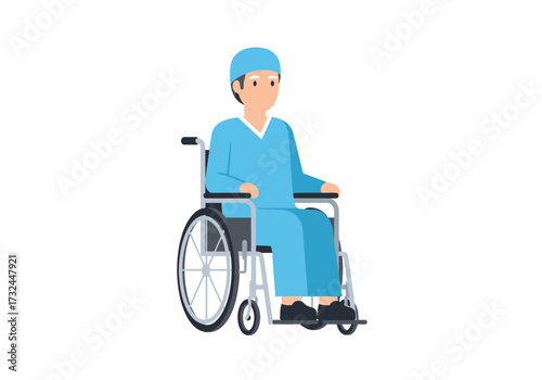 Caring senior patient in wheelchair wearing hospital gown smiling gently at medical clinic or care center after surgery