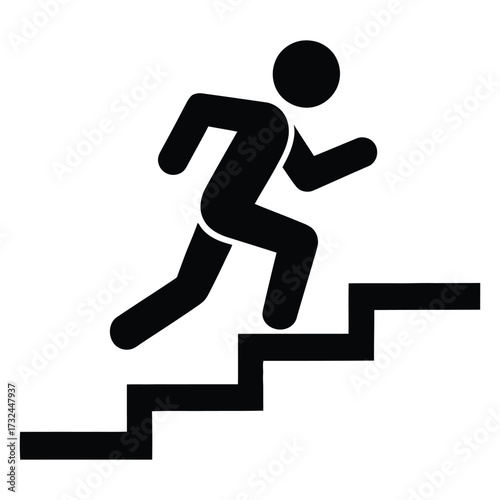 Black silhouette icon of person running up stairs, symbolizing progress, fitness, personal growth, and goal achievement on white background