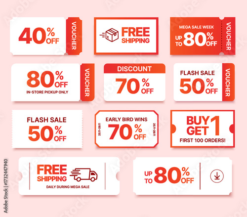 Collection of red coupon and sale labels, with coupon code, percent price off, free shipping icon badge, isolated on background. Sale badge, discount voucher icon collection in vector illustration
