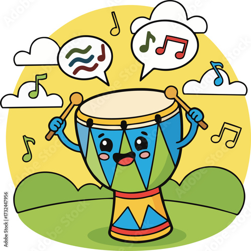 Cartoon Drum Character Playing Music in Nature, Cute Kids Vector Percussion with Musical Notes and Speech Bubbles