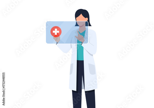 Medical professional doctor using virtual interface touch screen for healthcare technology advancement diagnosis and treatment in modern hospital