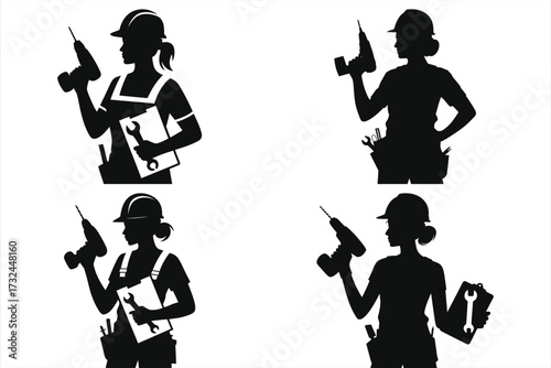Female Factory Worker Silhouette Holding Drill and Clipboard on Assembly Line, Industrial Manufacturing Quality Control, Production Vector Icon