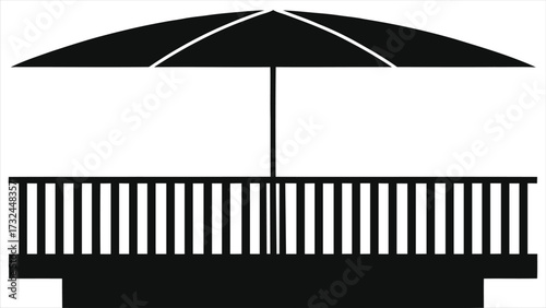 Solid Black Icon of a Balcony or Deck with Railing and a Large Center Umbrella - Simple Outdoor Structure Symbol