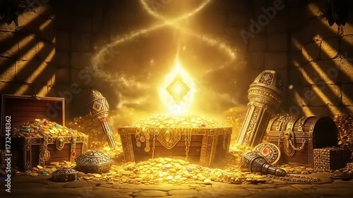 Mysterious Ancient Treasure Room Filled with Glowing Gold.