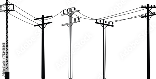 Utility pole silhouette line, electrical wire tension design, infrastructure vector set, lattice, wood, concrete poles, power distribution icons
