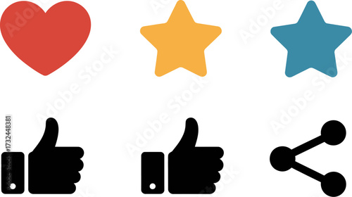 A collection of social media icons including hearts, stars, thumbs up, and share symbols.