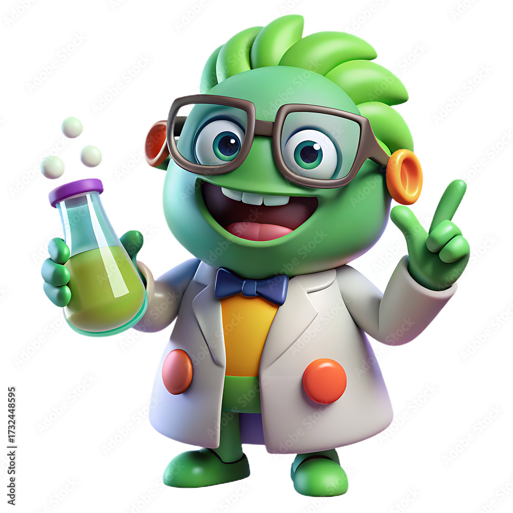 Obraz premium Cute Green Scientist Cartoon Character with Glasses and Flask – 3D Science Illustration