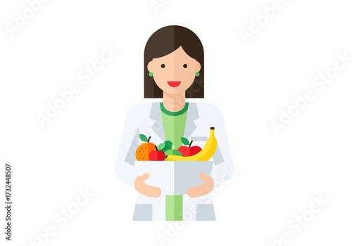 Nutritionist holding fresh organic fruits for healthy diet and wellness in colorful vector design perfect for dietary guides or nutritional infographics
