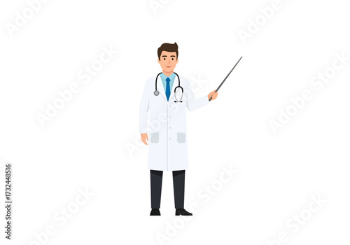 Confident doctor in lab coat holding pointer stick explaining medical information healthcare presentation concept