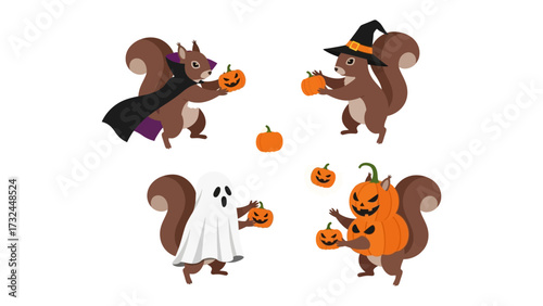 Halloween Squirrels: Mischievous squirrels, dressed in Halloween costumes, joyfully interacting with pumpkins, creating a fun and festive atmosphere for the holiday.