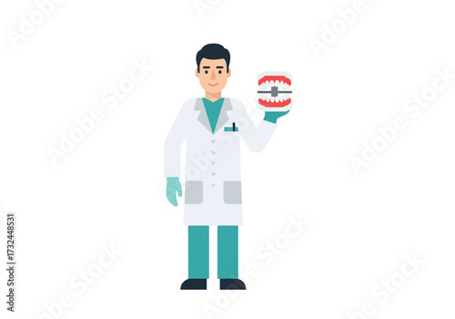 Dentist demonstrating denture model oral hygiene and dental healthcare with teeth anatomical teaching aid in clinic illustration