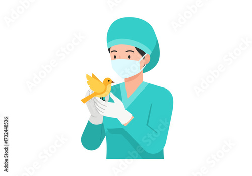Veterinarian doctor examining a yellow bird with care pet health concept