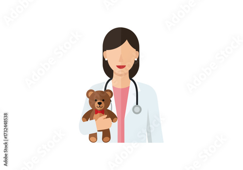 Pediatrician holding teddy bear for children's healthcare vector illustration