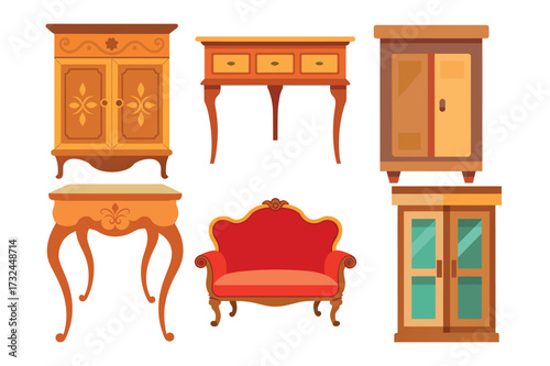 Collection of antique wooden furniture including cabinets chairs and tables for home decor