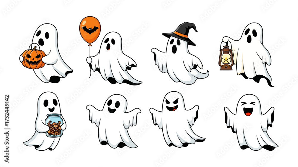 Obraz premium Spooky Ghostly Fun: A set of whimsical ghost illustrations, each exuding charm and mischief in a playful depiction for Halloween.