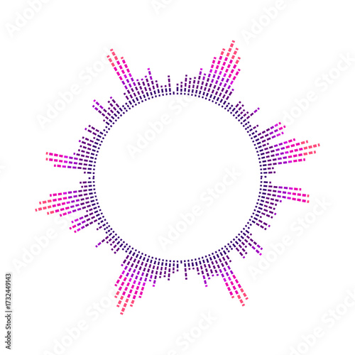 Dynamic circular sound wave equalizer with vibrant purple and pink gradients pulses with digital energy, perfect for music, tech, or broadcast themes.