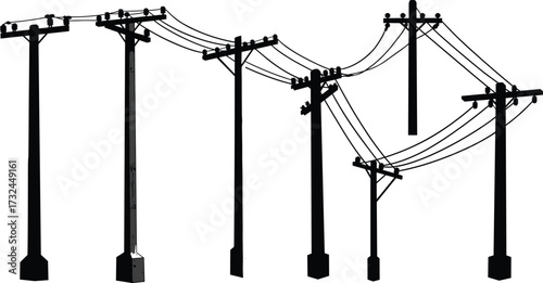 Utility poles illustration set, electrical power distribution, energy transmission vector art, insulator and wire design, urban electricity infrastructure, engineering drawing collection