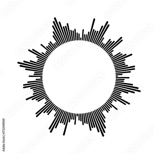 Dynamic circular sound wave graphic representing audio spectrum analysis with black bars radiating outwards on a clean backdrop