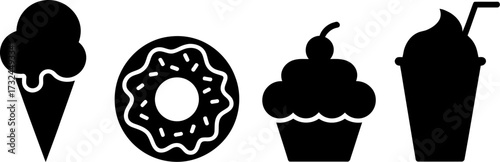 A collection of sweet treats including ice cream, donuts, cupcakes, and drinks.