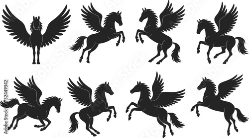 Pegasus silhouette, winged horse vector, mythical creature, fantasy animal, flying horse, black silhouette, elegant pose, magical beast, majestic flight, side profile