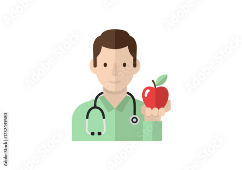 Doctor holding a red apple promoting healthy eating for nutrition and disease prevention as health care provider giving dietary advice
