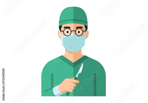 Surgeon doctor professional portrait in medical mask holding scalpel illustration