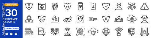 Internet secure line icon set. Cybersecurity and online protection related icons: shield, lock, VPN, firewall, password, fingerprint, malware, phishing, and more. Editable stroke. Vector illustration.