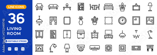 Living room icon set. Home interior line icons: sofa, lamp, chair, plant, clock, picture frame, and decoration furniture. Editable stroke. Vector illustration.