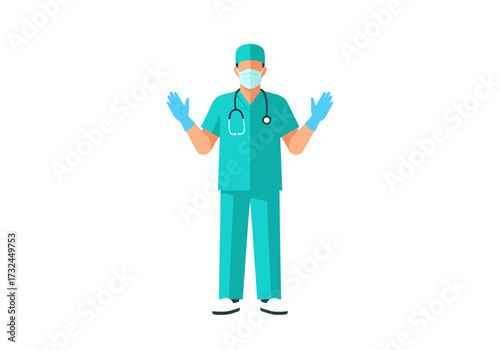 Healthcare professional doctor surgeon wearing surgical mask and gloves in scrubs uniform showing hand perfect for presentations medical health websites
